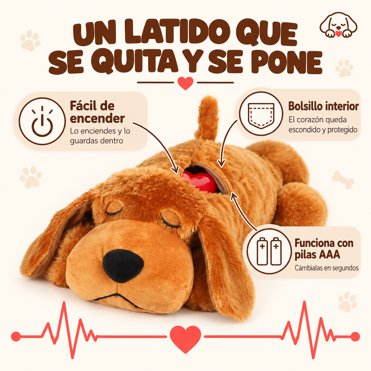 Peluche con latido de corazón - para perros ansiosos y solitarios