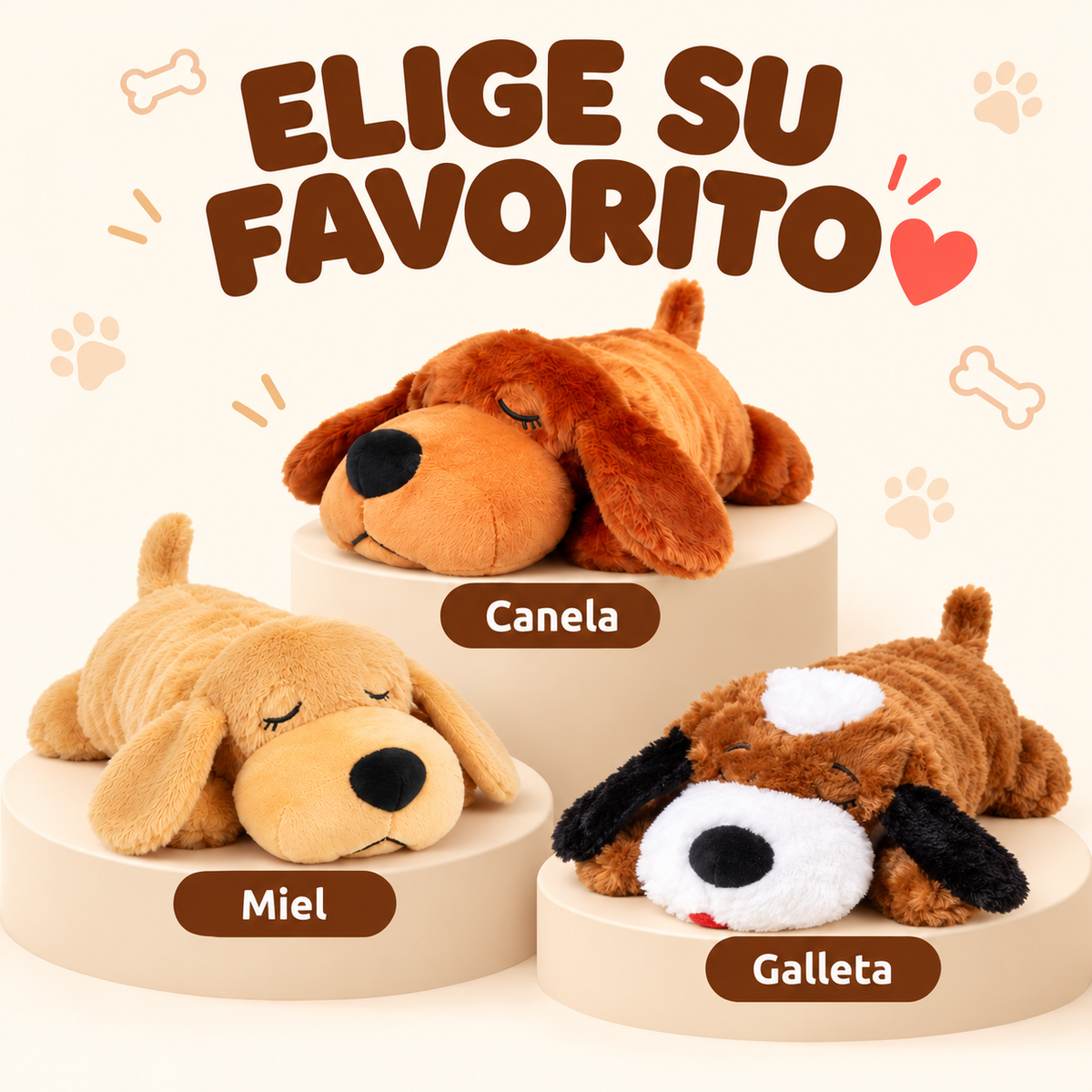 Modelos del peluche con latido Bien Perrito: Canela, Galleta y Miel