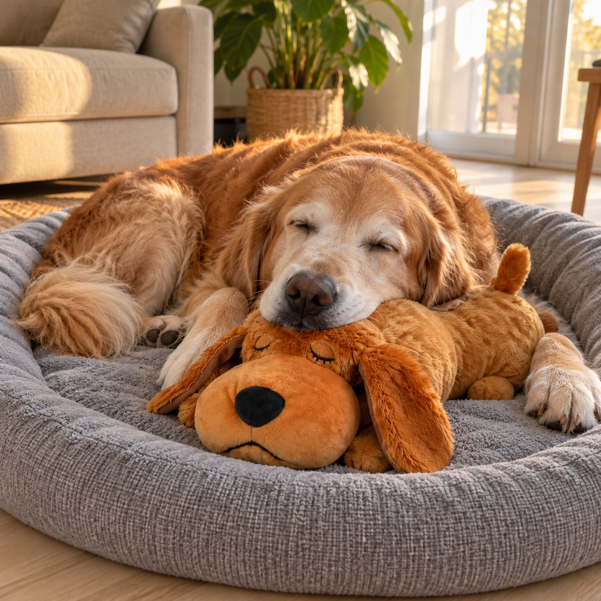 Perro golden retriever en su cama con el peluche con latido Bien Perrito